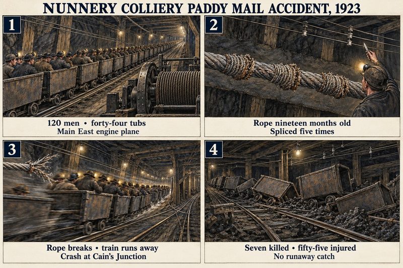 Four panels: men seated in the Paddy Mail tubs, the spliced haulage rope, the rope breaking and the set running away, and tubs derailed at the junction.