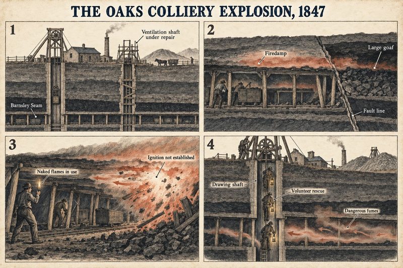 Four panels: the Barnsley Seam with its ventilation shaft under repair, firedamp against a fault line, naked flames where the explosion began, and volunteers descending into fumes.