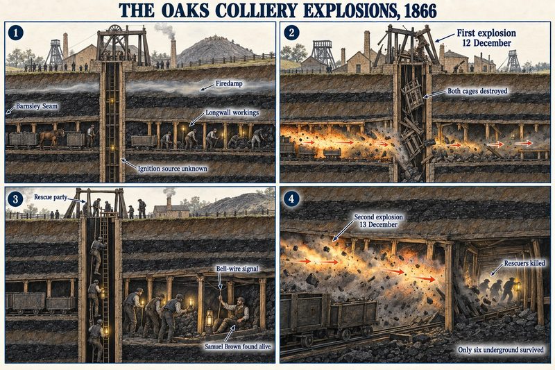 Four panels: firedamp over the longwall workings in the Barnsley seam, the first explosion wrecking both cages, Samuel Brown found alive, and the second explosion killing rescuers.