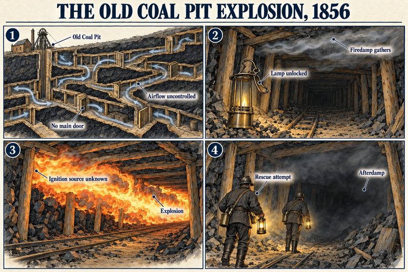 Four panels: workings with no main ventilation door, an unlocked lamp under gathering firedamp, the explosion, and two rescuers walking into the afterdamp.