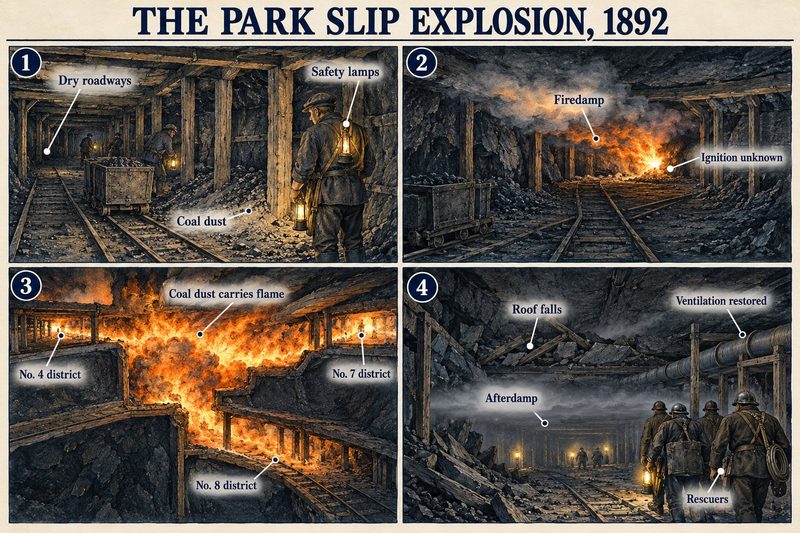 Four panels: dry, dusty roadways and safety lamps, a firedamp explosion of unknown ignition, coal dust carrying flame through the No. 4, 7 and 8 districts, and rescuers among roof falls and afterdamp.