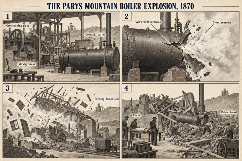 Four panels: a Cornish boiler at the crushing plant during the midday break, the shell rupturing, the blast demolishing the building, and rescue among the debris.
