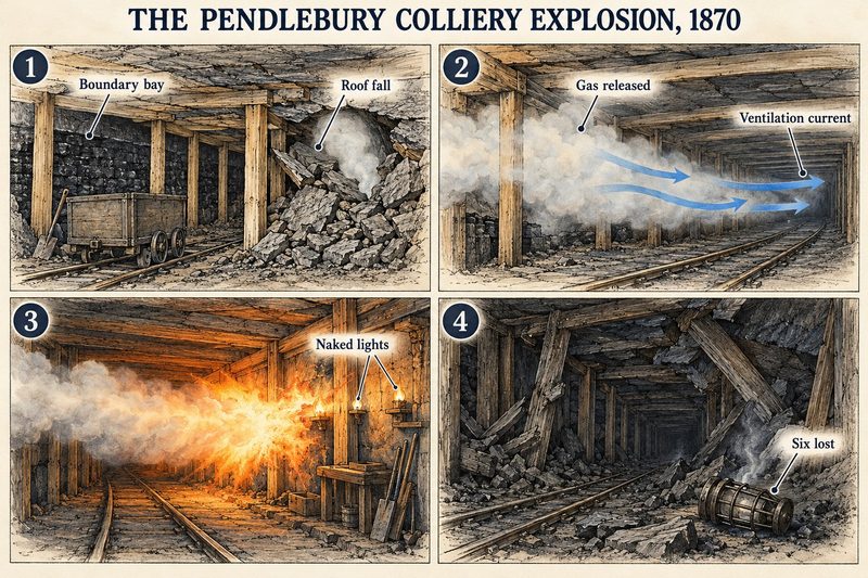 Four panels: a roof fall in a boundary bay releasing gas, the gas carried on the ventilation current, flame at the naked lights in another bay, and a lamp in the wreckage for six dead.