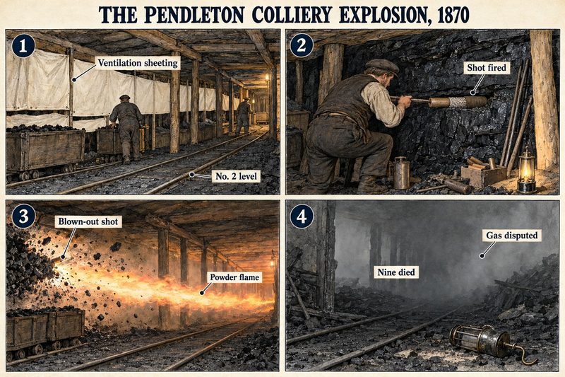Four panels: men in the No. 2 level, a shot fired at the coal, flame from the blown-out shot sweeping the level, and the smoke-filled level where nine died.