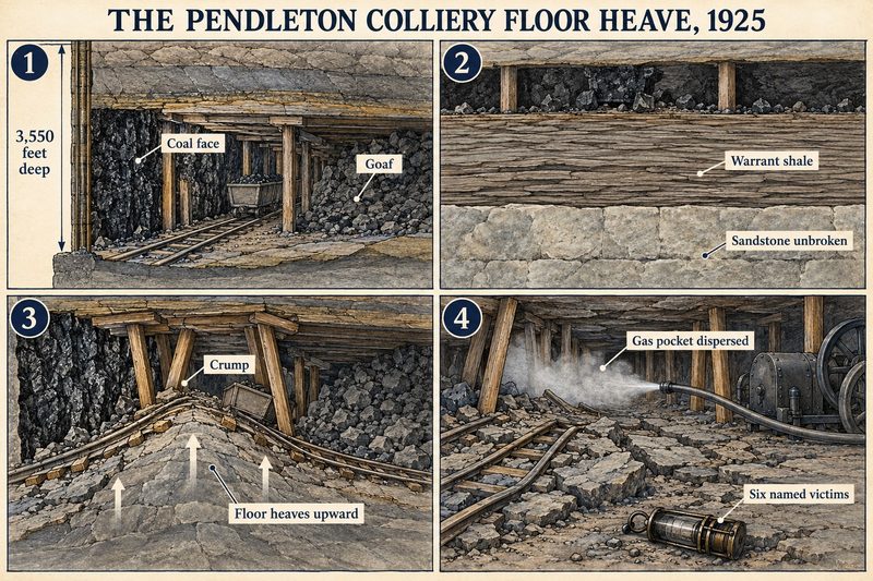 Four panels: a coal face and goaf 3,550 feet down, the warrant shale over unbroken sandstone, the floor heaving up under the rails, and compressed air clearing a gas pocket afterwards.
