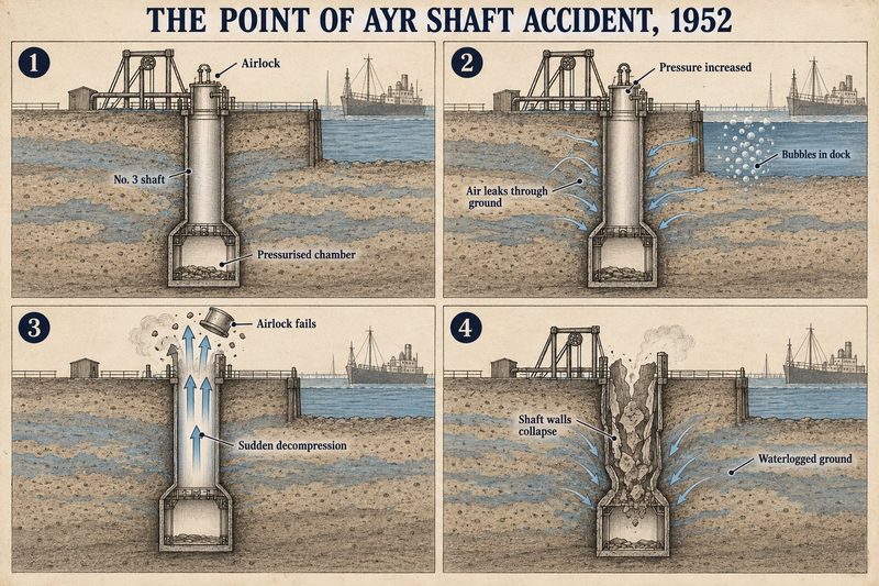 Four panels: a shaft sunk under compressed air below an airlock, air leaking up through the dock, the airlock failing and the chamber decompressing, and the shaft walls collapsing.