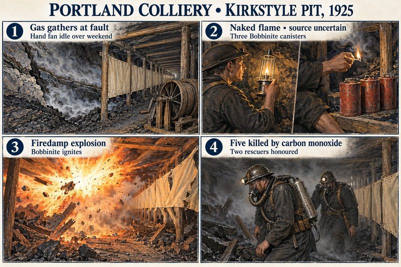 Four panels: gas at a fault beside an idle hand fan, a lamp and a struck match by Bobbinite canisters, the explosion, and rescuers in breathing apparatus.