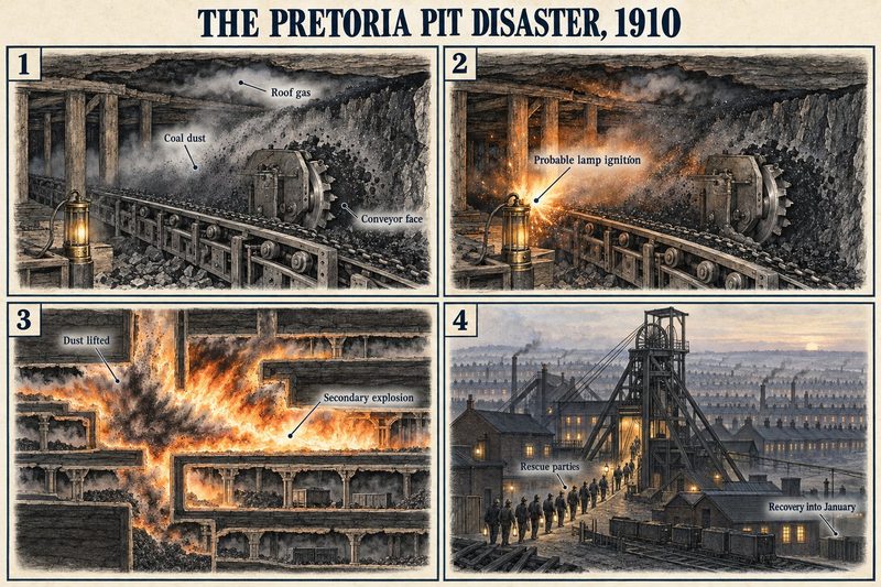 Four panels: coal dust and roof gas at a conveyor face, a probable lamp ignition, the blast lifting dust into a secondary explosion, and rescue parties at the pit.