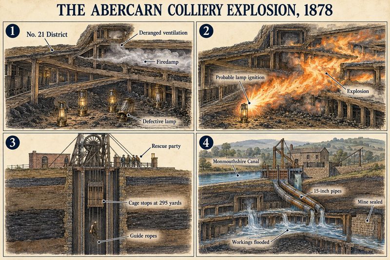 Four panels: firedamp and defective lamps in No. 21 District, the explosion, a rescue party at a shaft whose cage stops at 295 yards, and the workings flooded from the Monmouthshire Canal.