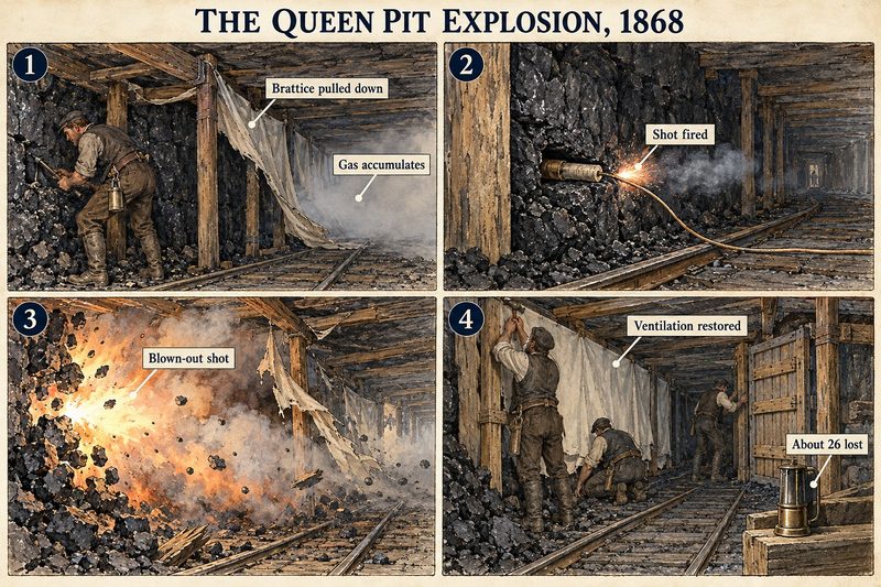 Four panels: a collier at a face where the brattice is pulled down and gas has gathered, a shot fired, the blown-out shot, and men restoring brattice and doors afterwards.