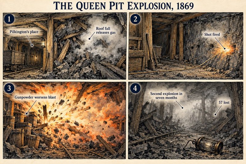 Four panels: a roof fall releasing gas in Pilkington's place, a shot fired, barrels of gunpowder feeding the blast, and the wrecked road where 57 died.
