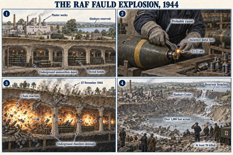 Four panels: bombs stored in the old gypsum mine under the plaster works, a metal tool used on a detonator at 11:11 am, the chain reaction, and Hanbury Crater with the reservoir breached.