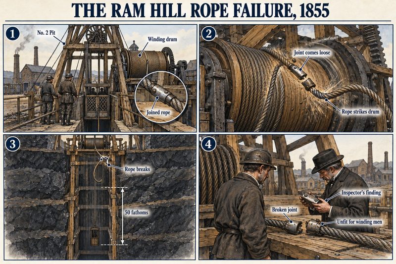 Four panels: the jointed winding rope at No. 2 Pit, the joint coming loose on the drum, the rope breaking over a 50-fathom shaft, and the inspector holding the broken joint.