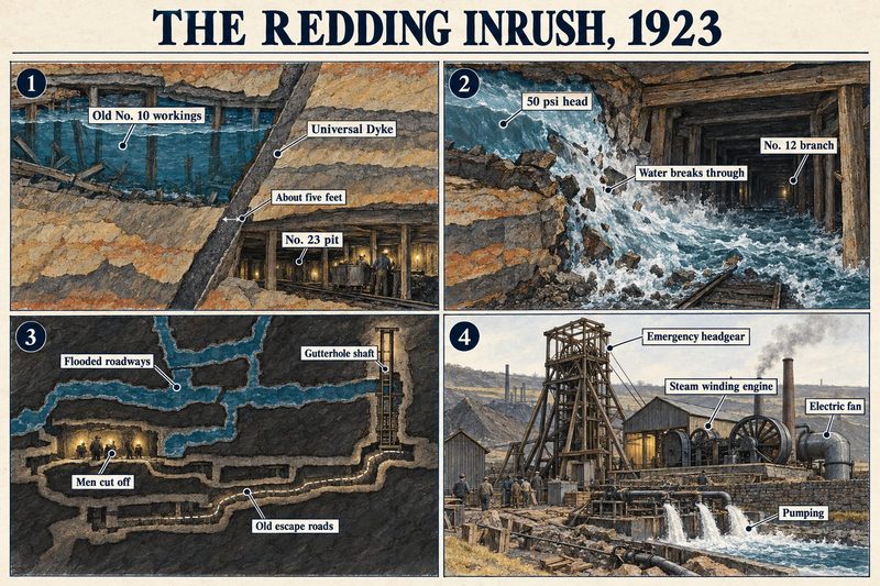 Four panels: the old No. 10 workings behind the Universal Dyke, water breaking through at a 50 psi head, men cut off with old escape roads to the Gutterhole shaft, and emergency headgear and pumping.