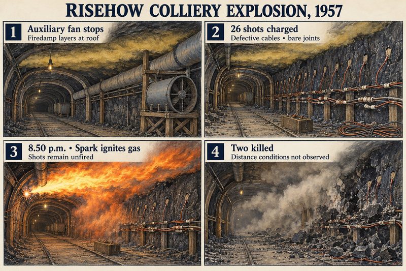 Four panels: firedamp layering at the roof above an auxiliary fan, shots wired to bare-jointed cables, a spark igniting the gas, and the drift after the explosion.