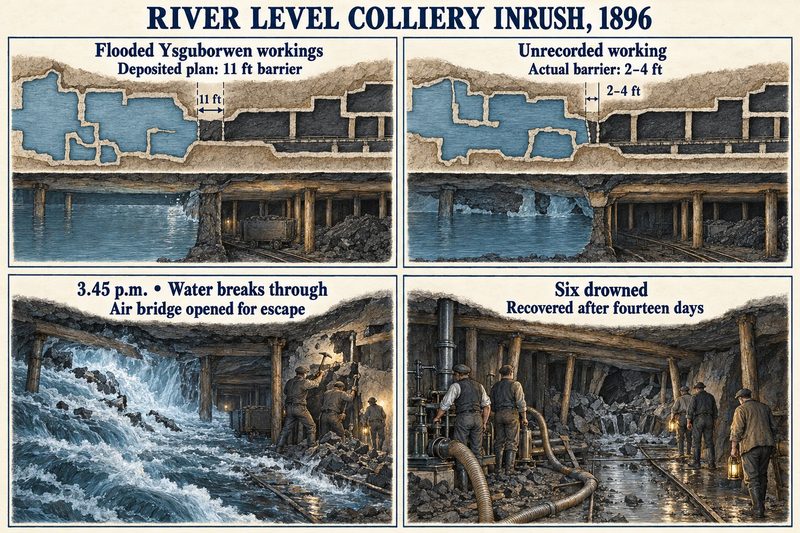 Four panels: the barrier as planned and as it really was, water breaking through as men open an air bridge, and pumping to recover the six drowned.