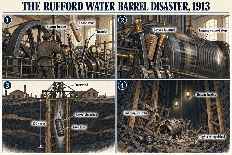 Four panels: wood jammed between the engine levers, the engine overwinding, the five-ton barrel falling 156 yards, and the scaffold below struck.