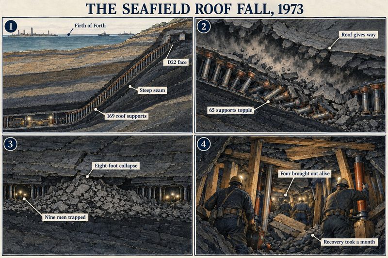 Four panels: the steep D22 face with 169 roof supports, the roof giving way, an eight-foot collapse trapping nine men, and a month-long recovery with four brought out alive.