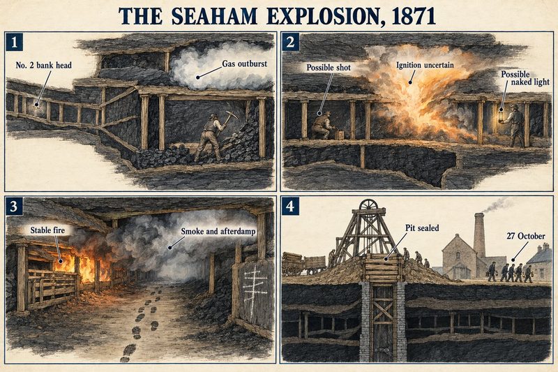 Four panels: a gas outburst from the roof, an uncertain ignition from a shot or a naked light, a stable fire filling the road with afterdamp, and the pit sealed on 27 October.
