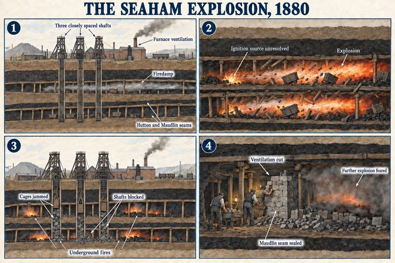 Four panels: firedamp in the Hutton and Maudlin seams, the explosion, jammed cages and fires blocking all three shafts, and the Maudlin seam being sealed.