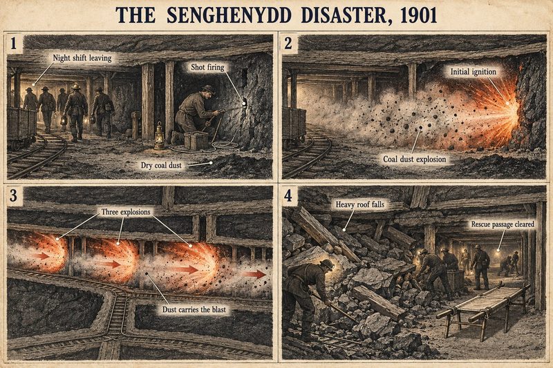 Four panels: shot firing in dry coal dust as the night shift leaves, the initial ignition, three explosions carried by the dust, and rescuers clearing heavy roof falls.