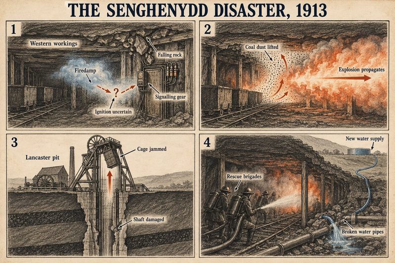 Four panels: firedamp in the western workings with an uncertain ignition, coal dust lifted so the blast propagated, the Lancaster pit cage jammed, and rescue brigades fighting fire.