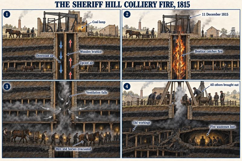 Four panels: a wooden brattice dividing the shaft into upcast and downcast, the brattice on fire, men and horses evacuated as ventilation fails, and five wastemen left in old workings.