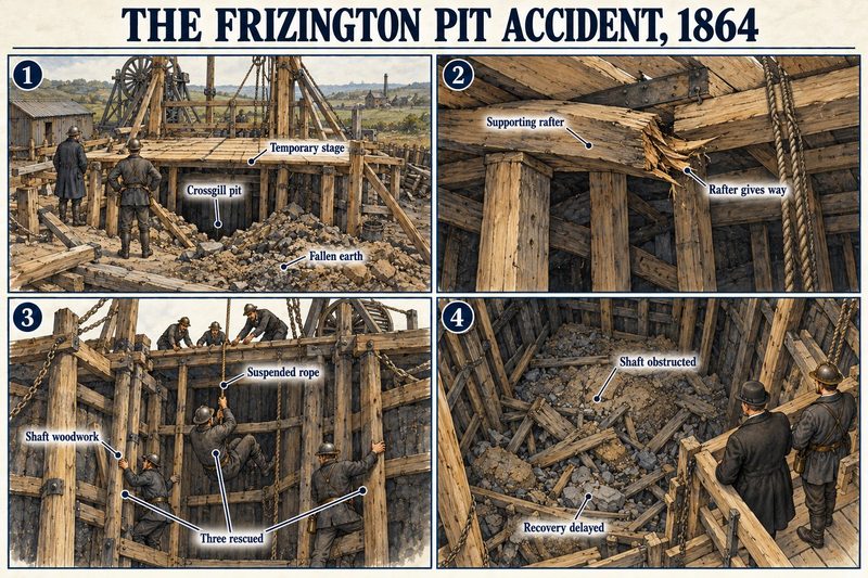 Four panels: a temporary stage over the pit mouth after earth fell, a rafter giving way, three men saved on a rope and woodwork, and the shaft choked with debris.