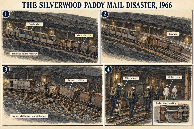 Four panels: the paddy mail with a materials train ahead of it, the materials train running away, the rear-end collision, and rescue and medical teams at the wreck.