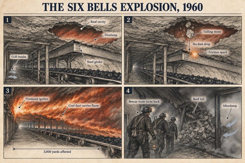 Four panels: firedamp in a roof cavity above a steel girder, a stone falling onto it and sparking, flame carried three thousand yards by coal dust, and rescuers turning back.