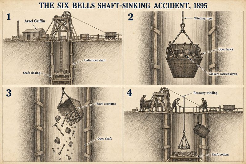 Four panels: the unfinished shaft at Arael Griffin, sinkers riding down in an open bowk, the bowk overturning into the open shaft, and the recovery winding at the bottom.