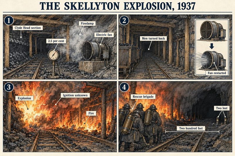 Four panels: firedamp at 2.5 per cent by the electric fan in the Clyde Head section, the men turned back and the fan restarted, the explosion and fire, and the rescue brigade stopped by fire.