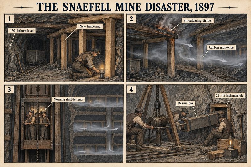 Four panels: new timbering set by candlelight on the 130-fathom level, the timber smouldering and giving off carbon monoxide, the morning shift descending, and the rescue effort.