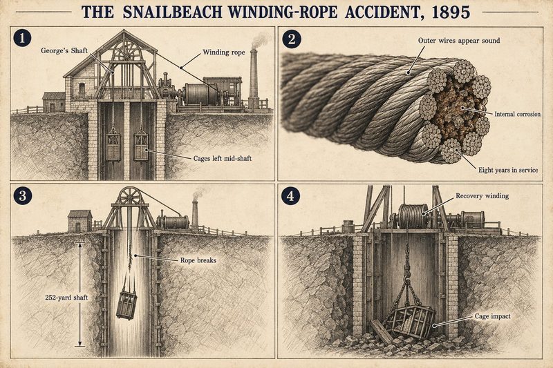 Four panels: George's Shaft and its winding rope, a cutaway showing sound outer wires over internal corrosion, the rope breaking and dropping the cage, and the recovery winding.