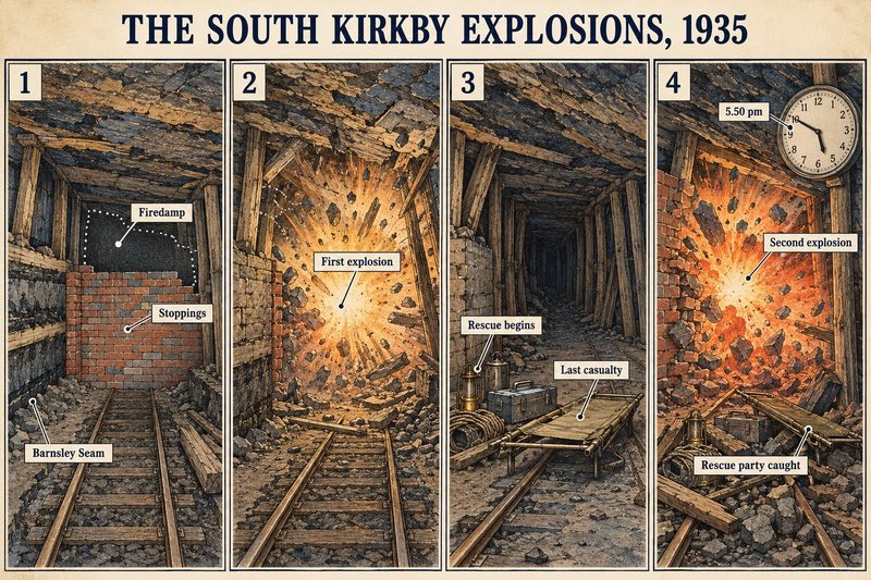 Four panels: firedamp behind stoppings in the Barnsley Seam, the first explosion, rescue beginning, and the second explosion at 5.50 pm catching the rescue party.