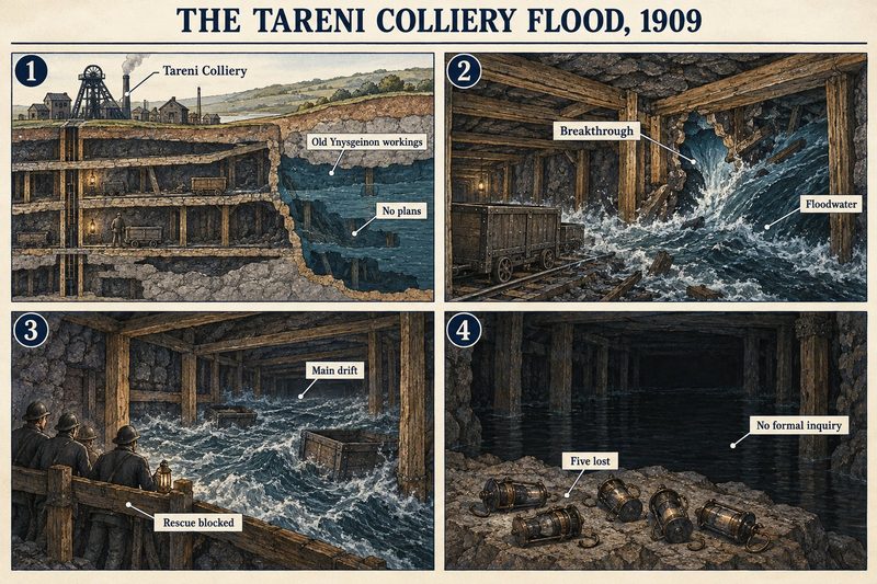 Four panels: the pit beside the old Ynysgeinon workings, the breakthrough, the flooded main drift with rescuers held back, and five lamps on the floor.
