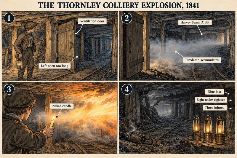 Four panels: a young trapper by a ventilation door left open too long, firedamp gathering in the Harvey seam, a naked candle firing the gas, and lamps for the dead and injured.