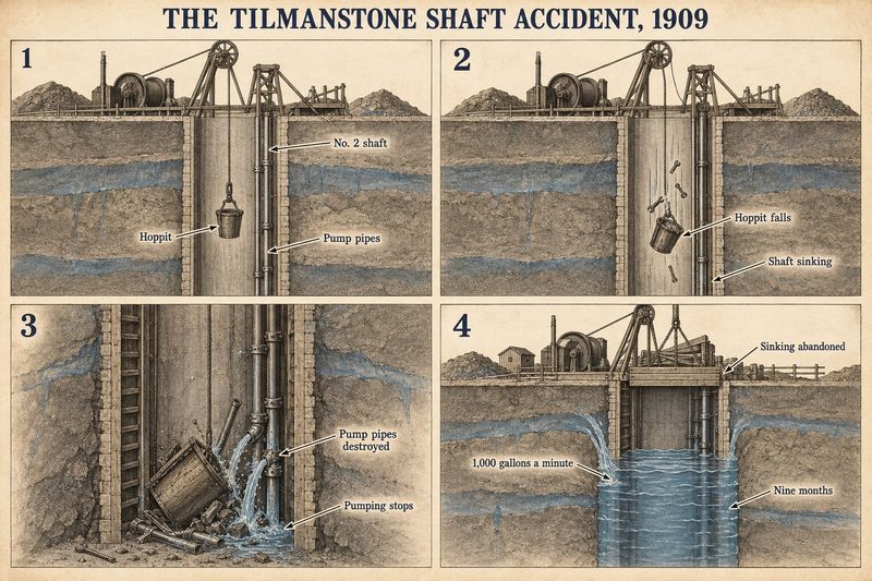 Four panels: a hoppit hanging beside the pump pipes, the hoppit falling down the shaft, the pump pipes destroyed and pumping stopped, and the shaft filling with sinking abandoned.