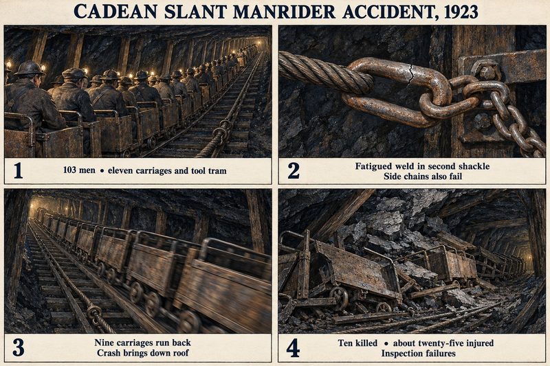 Four panels: men riding the manrider out of the slant, a cracked shackle link, the carriages running back, and the wreck under the fallen roof.