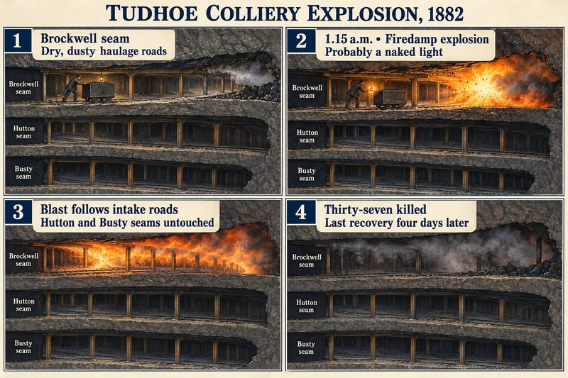 Four panels: a section through the Brockwell, Hutton and Busty seams, the ignition in the Brockwell, the blast along its roads, and the seams afterwards.