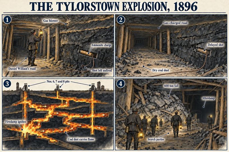 Four panels: a gas blower and an unfired shot in Daniel William's road, dry coal dust, flame carried by dust through Nos. 6, 7 and 8 pits, and search parties at a 600-ton fall.