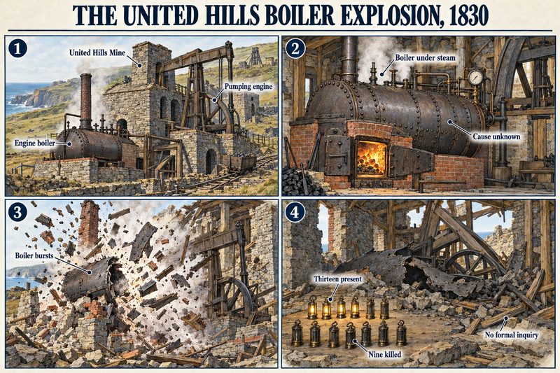 Four panels: the engine boiler beside the pumping engine, the boiler under steam, the boiler bursting, and thirteen lanterns with nine dark.