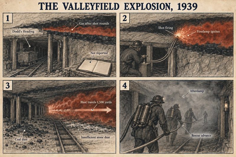 Four panels: gas left in Dodd's Heading after shot rounds, shot firing igniting it, the blast travelling 1,500 yards through coal dust, and rescuers advancing through afterdamp.