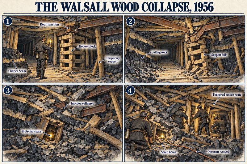 Four panels: a roof junction held by a hollow chock, the support failing during cutting, the junction collapsing over a protected space, and one man rescued after seven hours.
