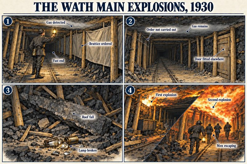 Four panels: gas found in a fast end and a brattice ordered, the order not carried out with a door fitted elsewhere, a roof fall breaking a flame lamp, and two explosions as men run out.