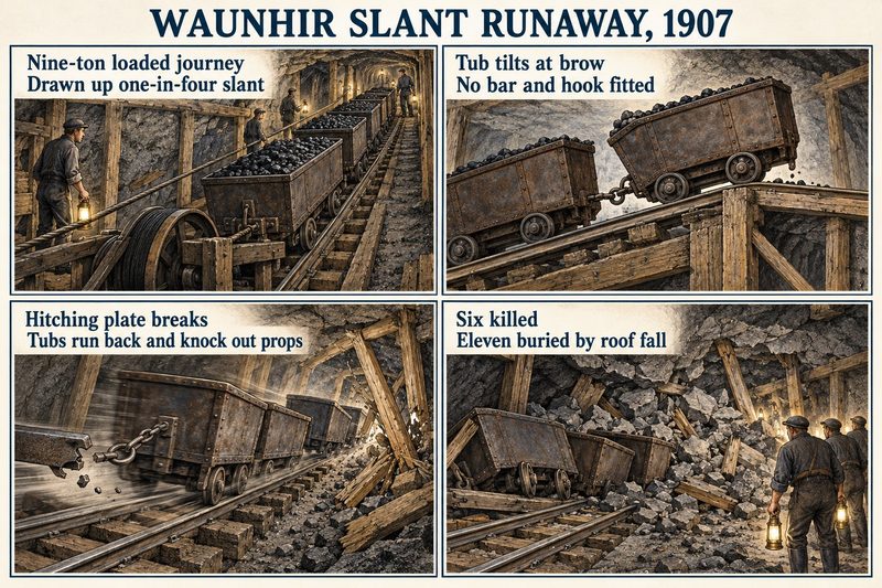 Four panels: a loaded journey drawn up the slant, a tub tilting at the brow, the hitching plate breaking as tubs run back, and the roof fall at the bottom.