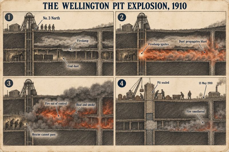 Four panels: firedamp over coal dust in No. 3 North, the gas igniting and dust carrying the blast, fire out of control that rescue could not pass, and the pit sealed.