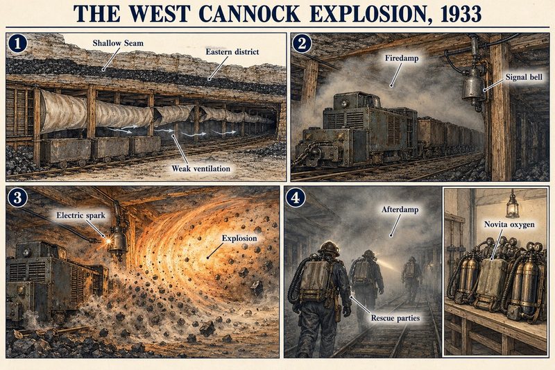 Four panels: the weakly ventilated Eastern district, firedamp by a signal bell, the electric spark and explosion, and rescue parties with oxygen apparatus.