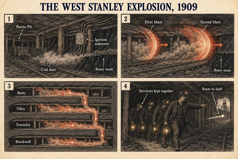 Four panels: coal dust in the Busty seam, a first and second blast, the explosion crossing four named seams, and survivors kept together as one man leads them to the shaft.