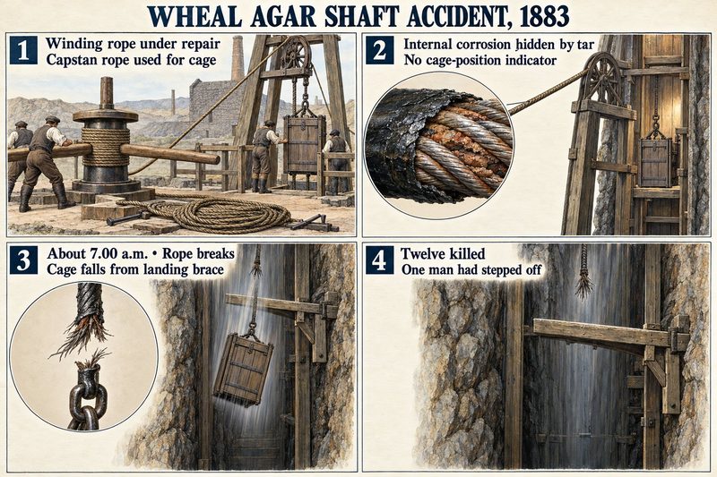 Four panels: the cage hung on the capstan rope, its corroded core under the tar, the rope parting at the landing brace, and the empty shaft afterwards.